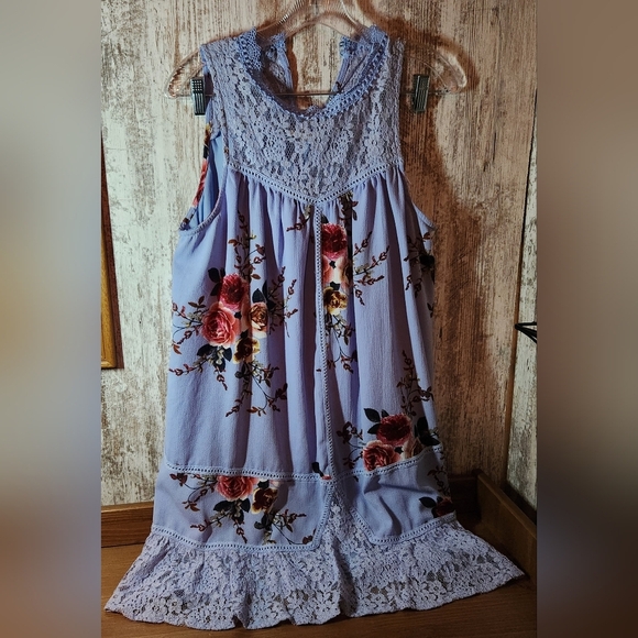 Source Unknown Dresses & Skirts - Light Baby Blue Lace Floral Midi Dress - Lavender and Red